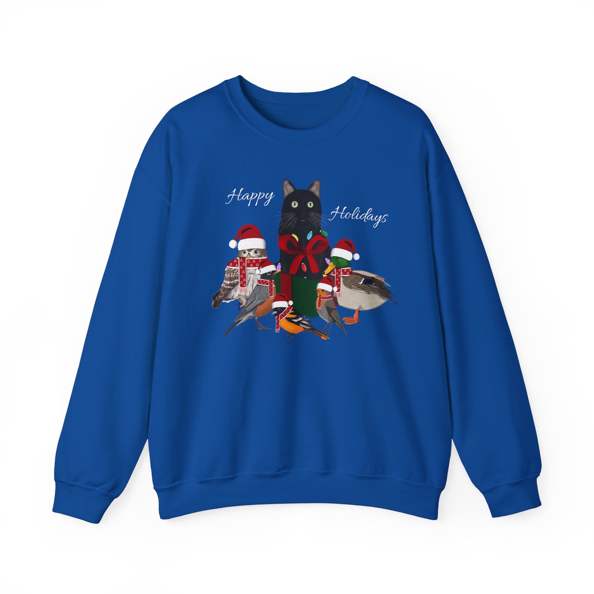 Robin Mallard Oriole Owl with Cat in a Box and Fairy Lights Happy Holidays Christmas Bird Sweatshirt –