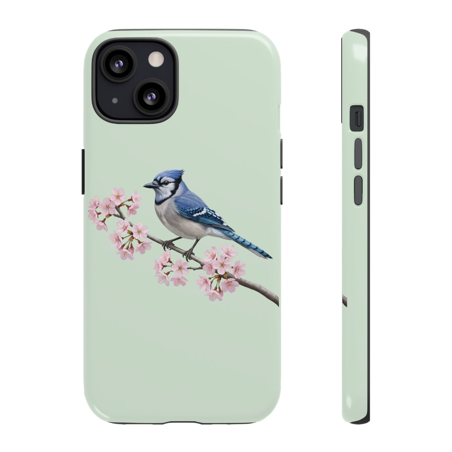 Blauhäher Handyhülle in Salbeigrün | Florales Kirschblüten Vogel-Motiv für iPhone & Google Pixel – animal lover,