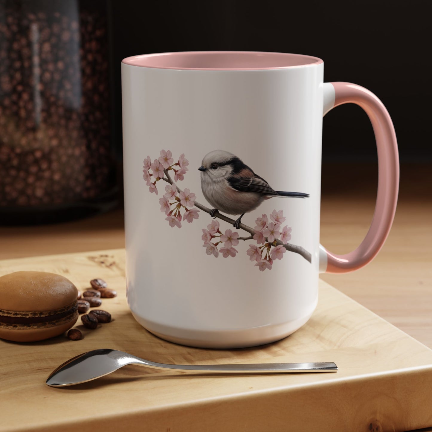 Long Tailed Titmouse Cherry Blossom Mug | Pink Ceramic Coffee Cup for Bird Lovers