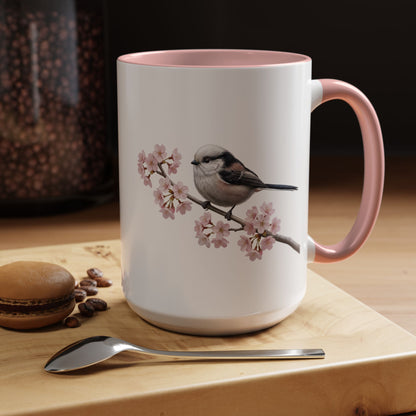 Long Tailed Titmouse Cherry Blossom Mug | Pink Ceramic Coffee Cup for Bird Lovers