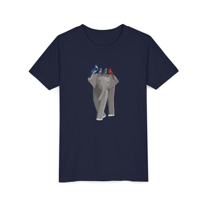 Elephant with Blue Jay Cardinal Bluebird Tree Swallow Bird Youth T-Shirt