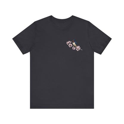Barn Swallow Cherry Blossom T-Shirt | Floral Spring Tee for Bird Lovers