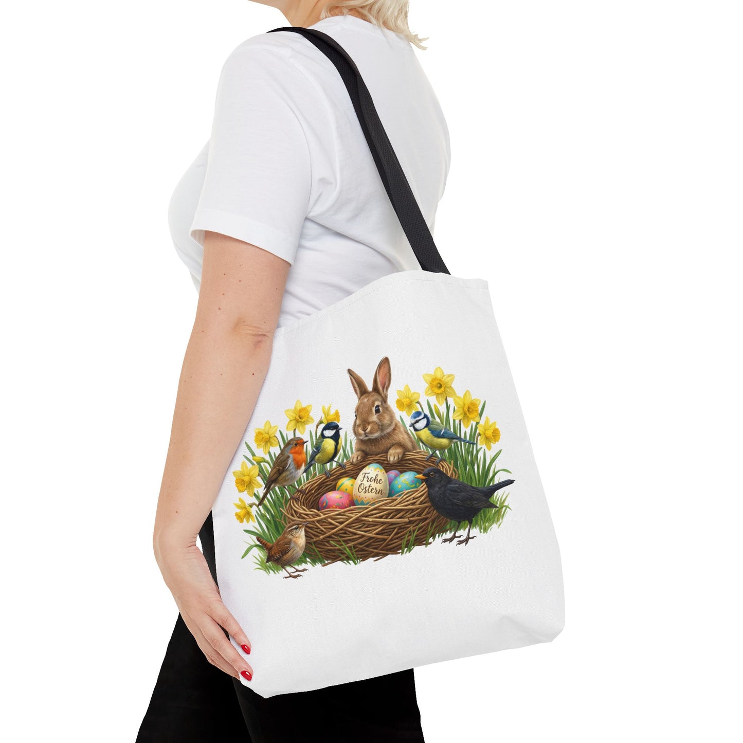 Robuste Einkaufstasche Frühling: Kaninchen, Amsel, Rotkehlchen & Meisen am Osternest | 40x40cm Shopper
