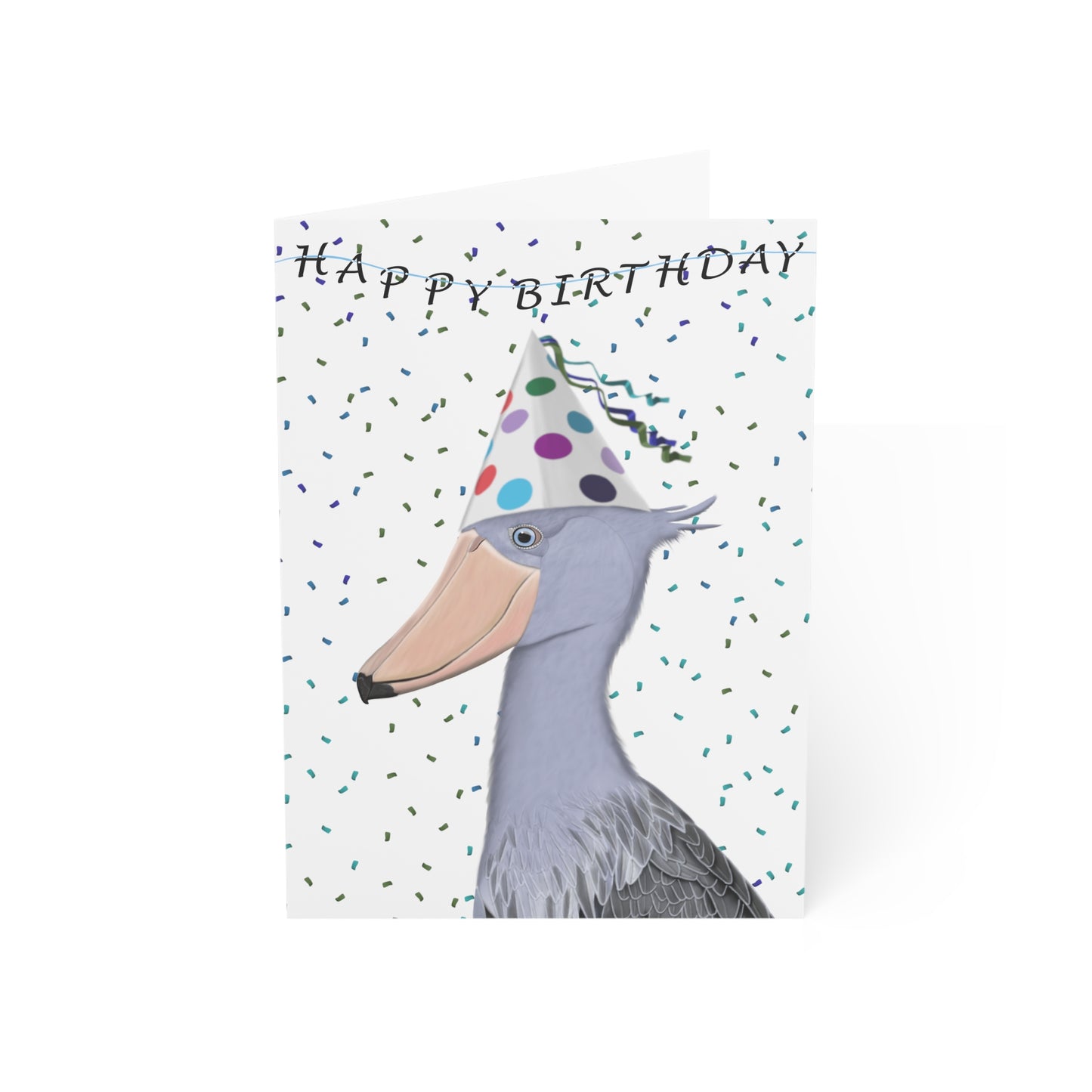 Shoebill with Party Hat Birthday Card – Premium Matte Bird Greeting Card