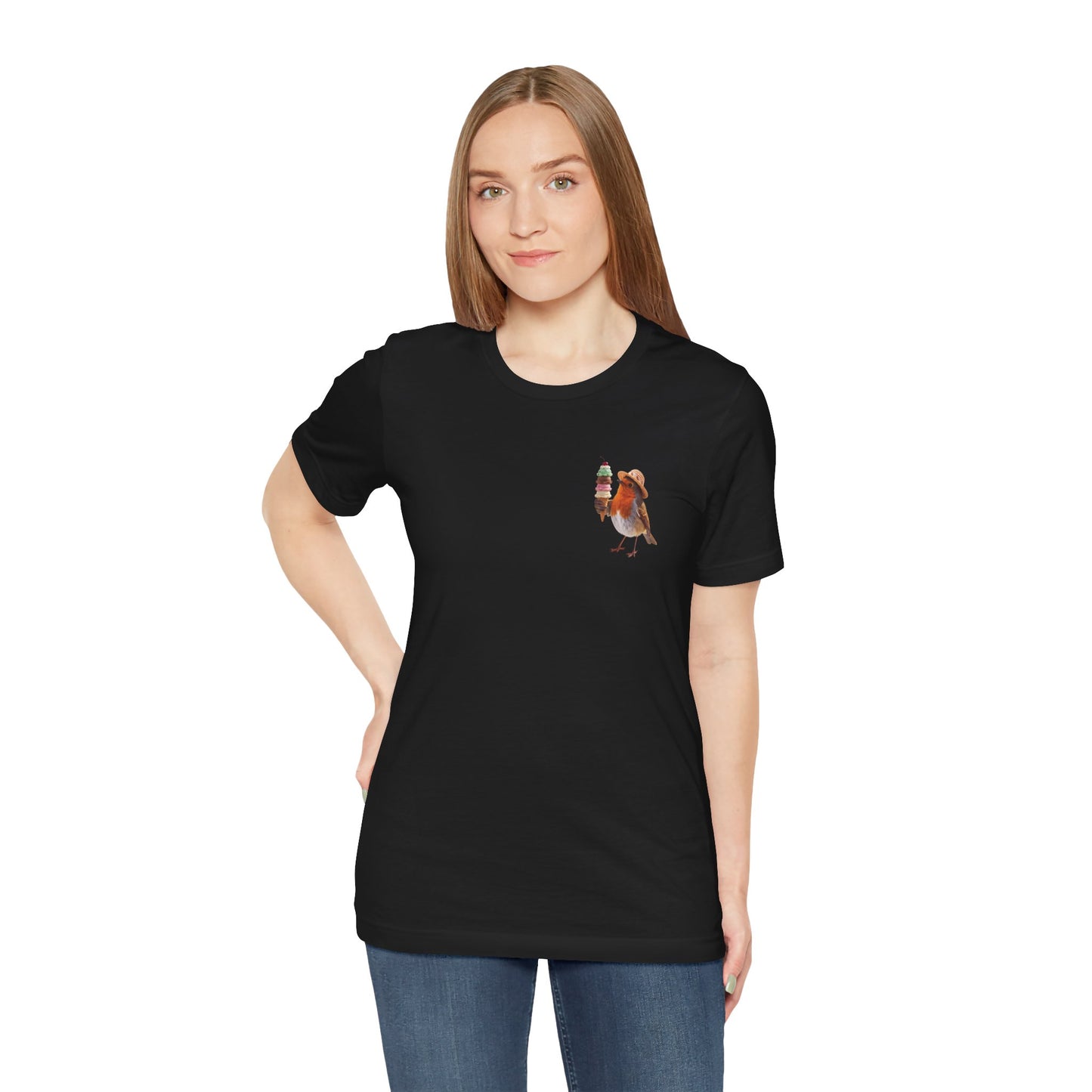 Robin Rosi with Ice Cream Premium T-Shirt – Subtle Pocket Design for Bird Lovers