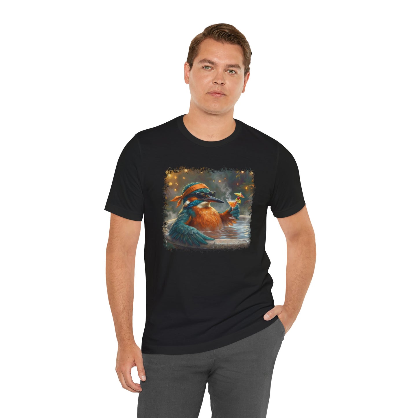 Funny Kingfisher T-Shirt | Bird with Sunglasses & Drink | Unisex Summer Tee