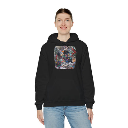 Premium Hoodie Amsel und die Lichterkette im winterlichen Garten für Vogelbeoachter