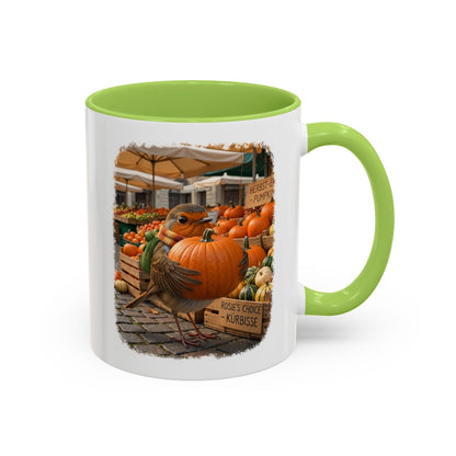 Premium Keramiktasse Rosi Rotkehlchen & der Riesen-Kürbis | 330 ml | Lustiges Geschenk für Vogelfreunde