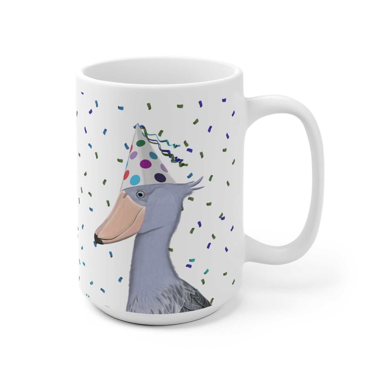 Schuhschnabel feiert Geburtstag mit Partyhut und Konfetti Vogel Tasse
