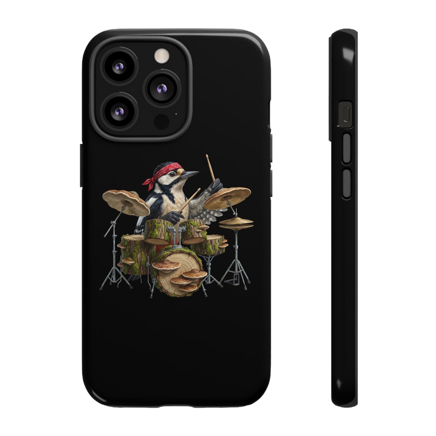Specht am Schlagzeug Premium Handyhülle – Doppelt Geschützt & Rundum Bedruckt Schwarz