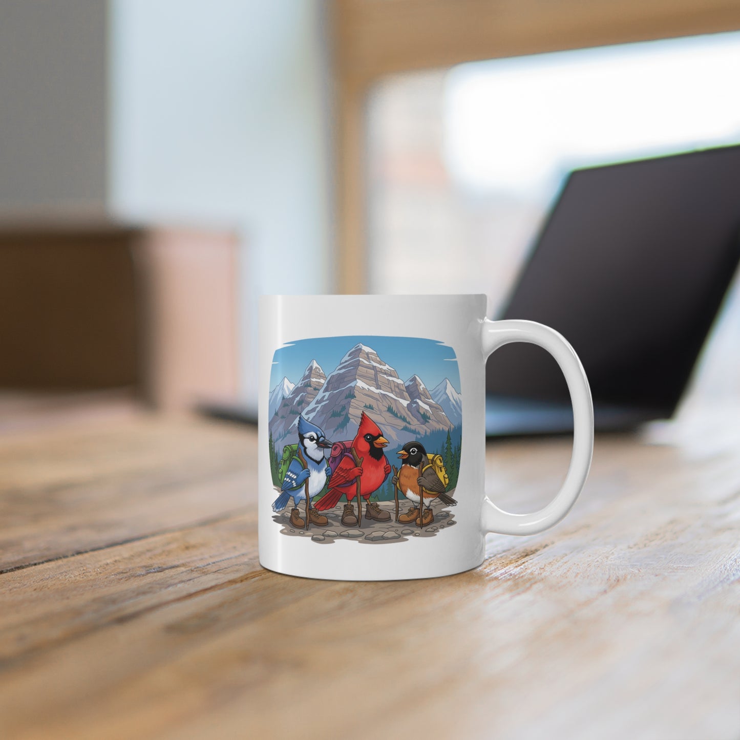Blue Jay Cardinal Robin on a Hike Mug for Hiking Lovers & Bird Watchers 11oz