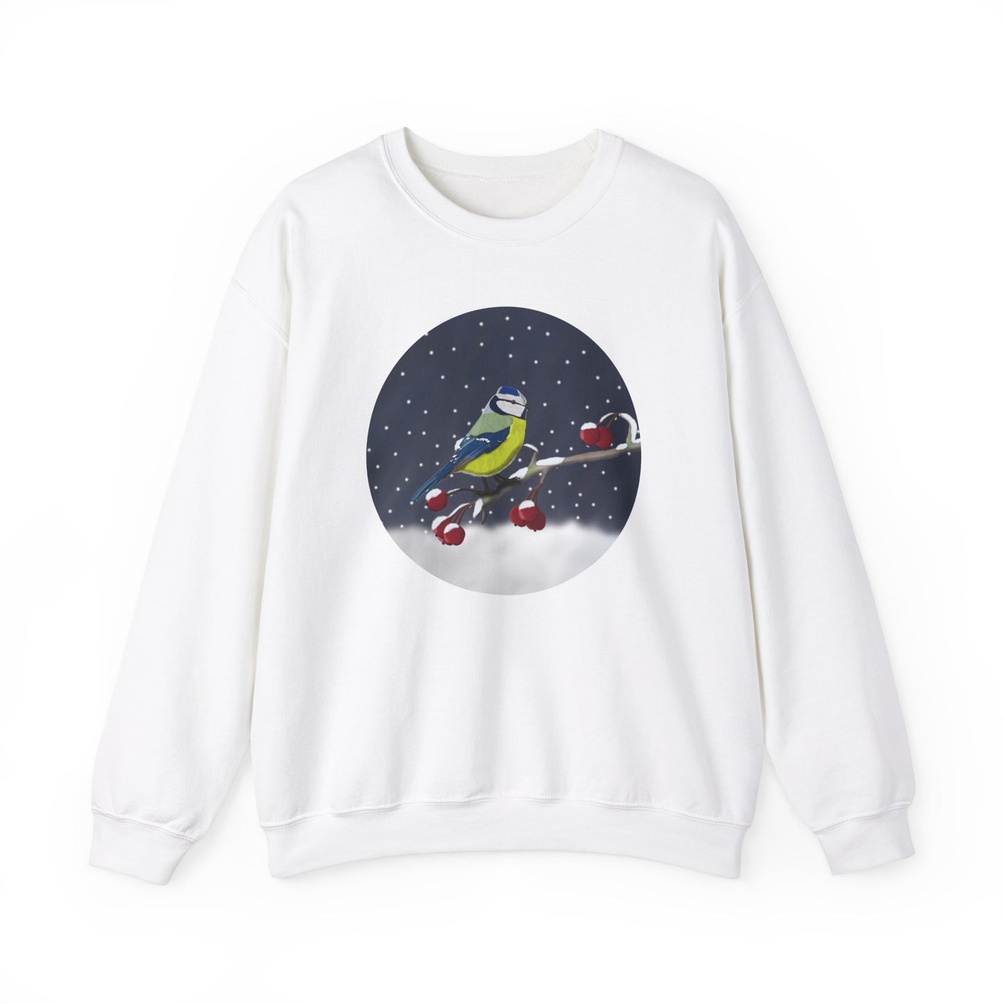 Blue Titmouse on a Winter Branch Birdwatcher Christmas Bird Sweatshirt