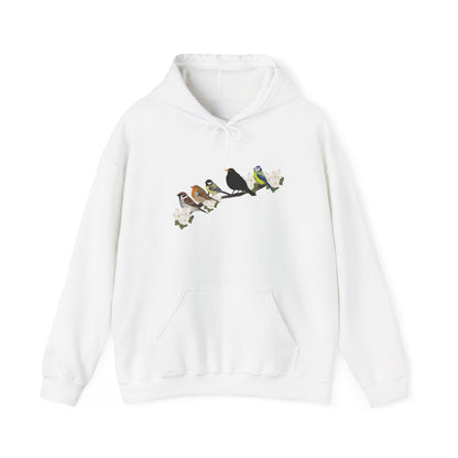 Vögel auf einem Ast Hoodie - Amsel Rotkehlchen Kohlmeise Spatz Kapuzenpullover für Vogelbeobachter & Naturliebhaber