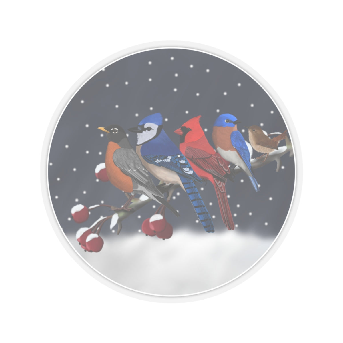 Robin Blue Jay Cardinal Bluebird Wren on a Winter Branch Christmas Bird Sticker