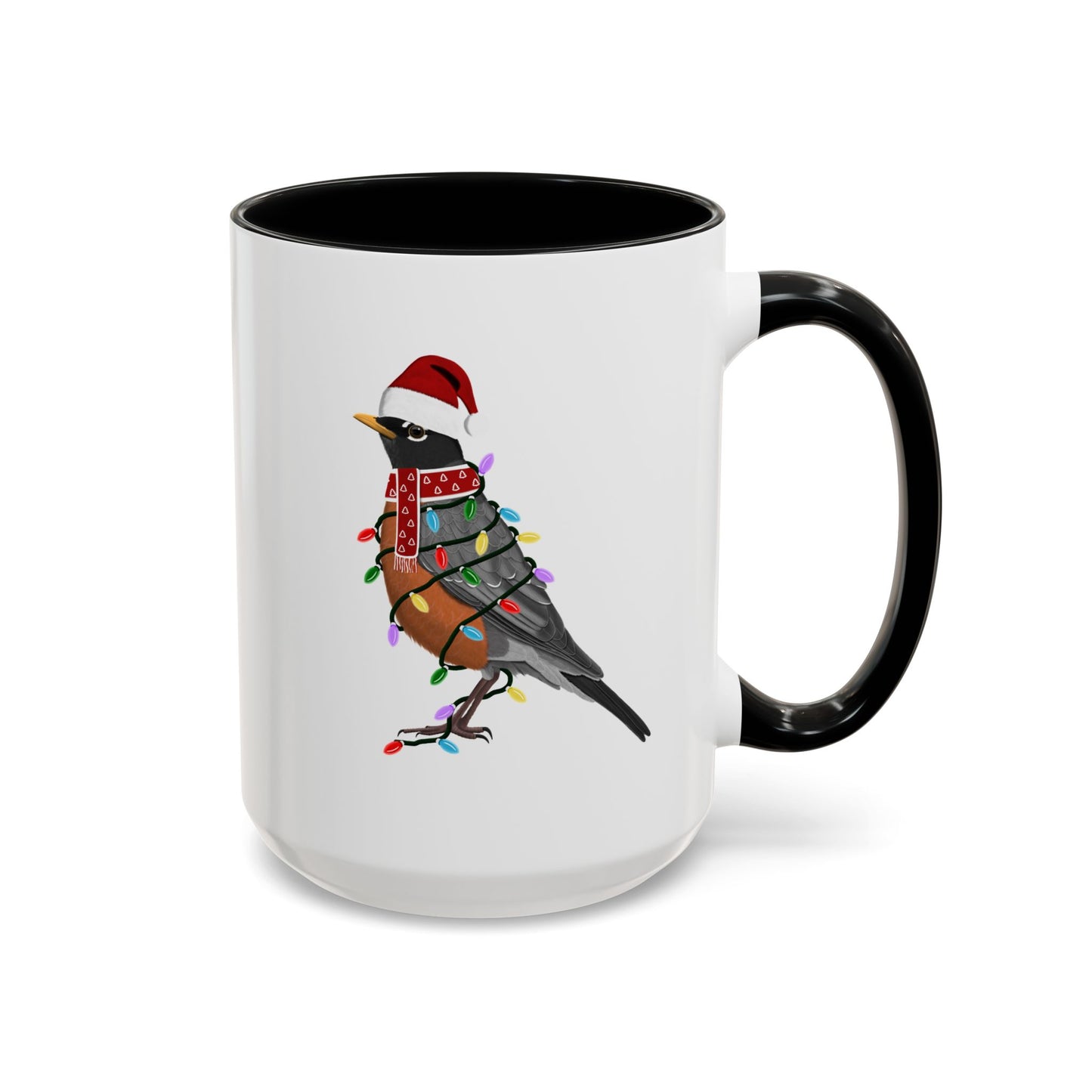 American Robin as Santa with Fairy Lights Ceramic Bird Coffee Mug – Custom Gift for Bird Watchers