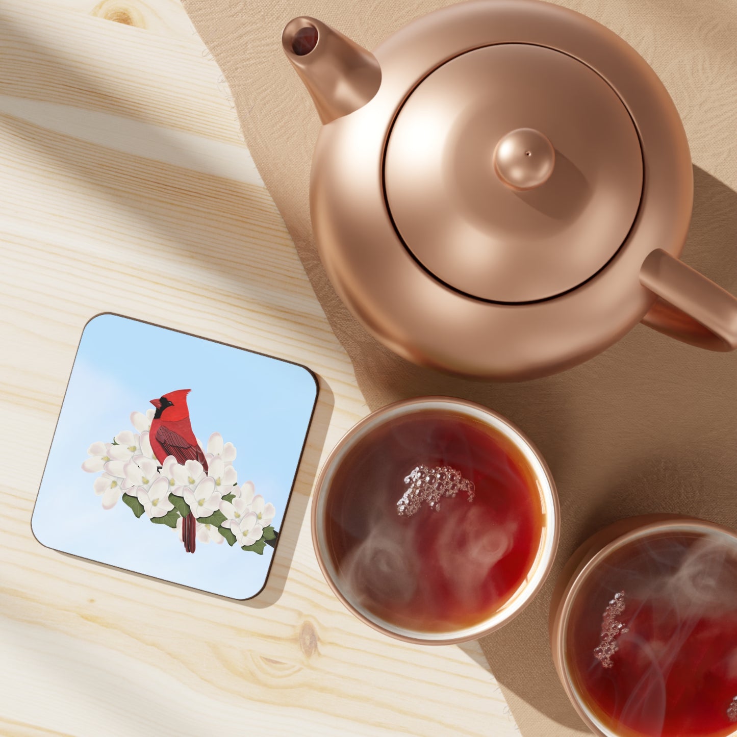 Cardinal Apple Blossoms Bird Hardboard Coaster