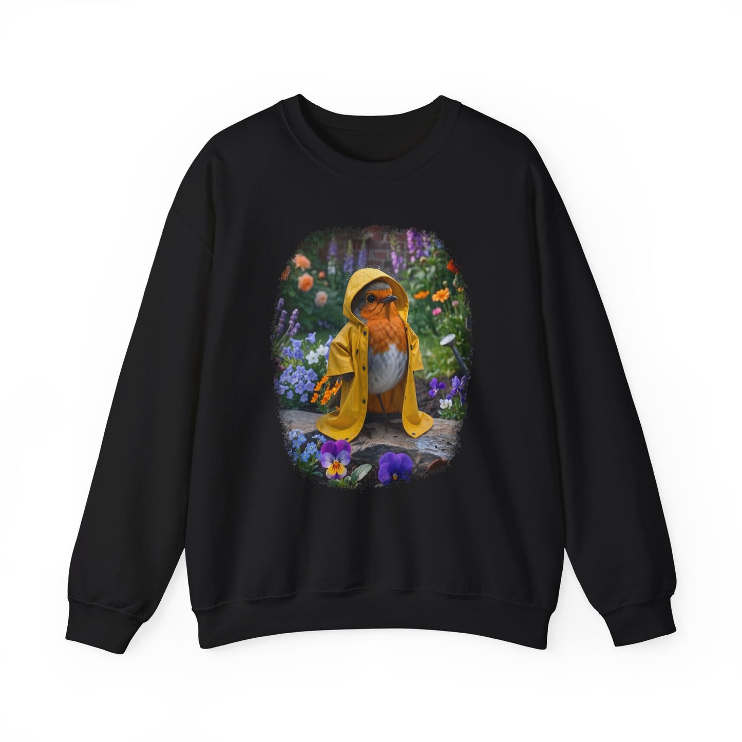 Robin Rosi Yellow Raincoat Garden Premium Sweatshirt for Bird Lovers