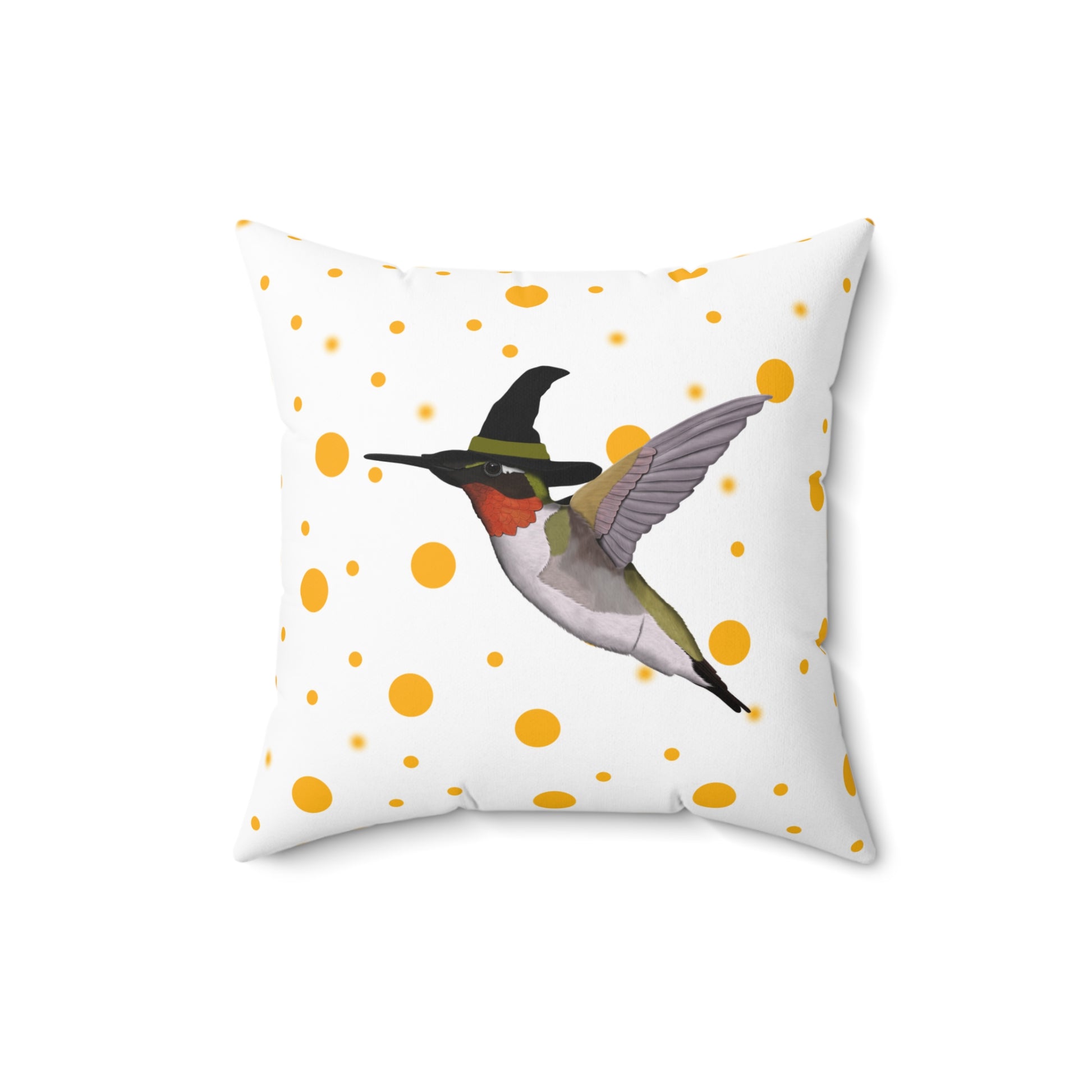 Hummingbird Halloween Bird Throw Pillow White 16"x16" Orange Dots