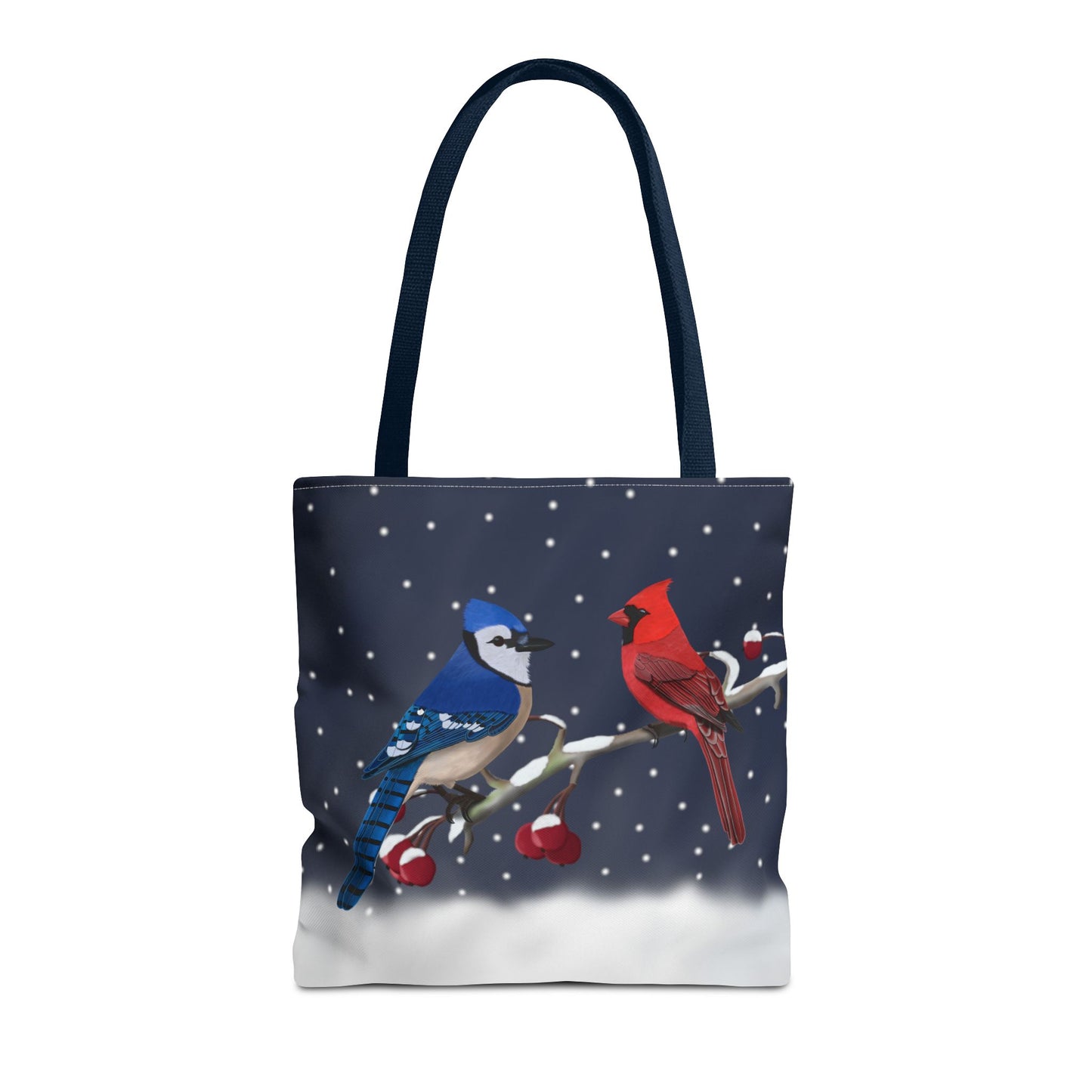 Blue jay and Cardinal on a Winter Branch Christmas Bird Tote Bag 16"x16"