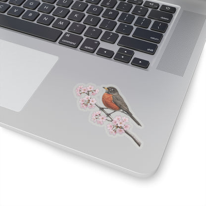 American Robin Cherry Blossom Sticker | Glossy Floral Bird Decal | Spring Laptop Sticker