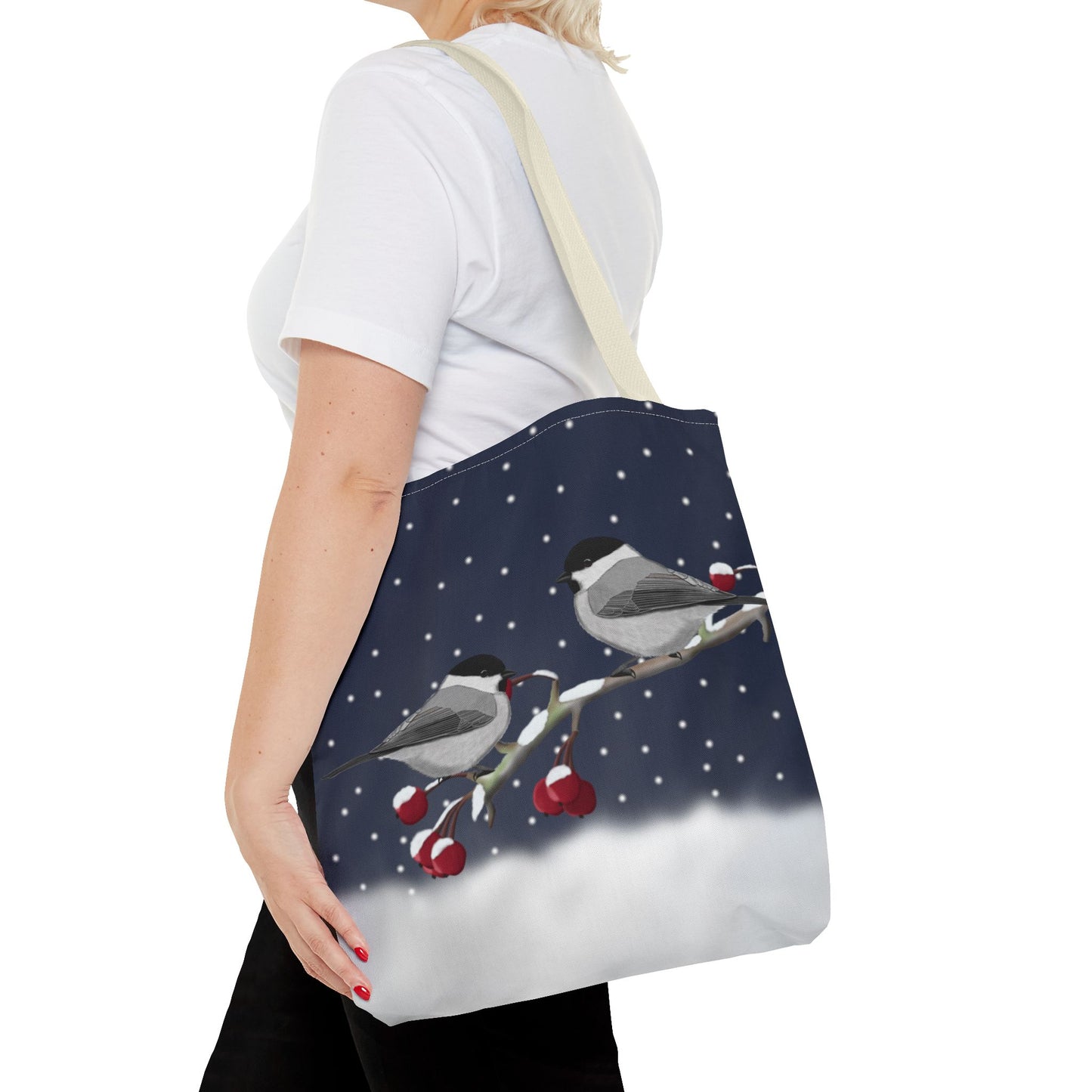 Willow Titmice on a Winter Branch Christmas Bird Tote Bag 16"x16"