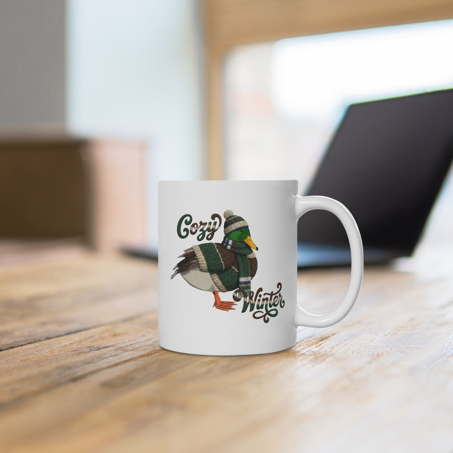 Ente mit Strickpullover Weihnachtliche Tasse mit Vogelmotiv Cozy Winter – Ideal für Kakao & Kaffee