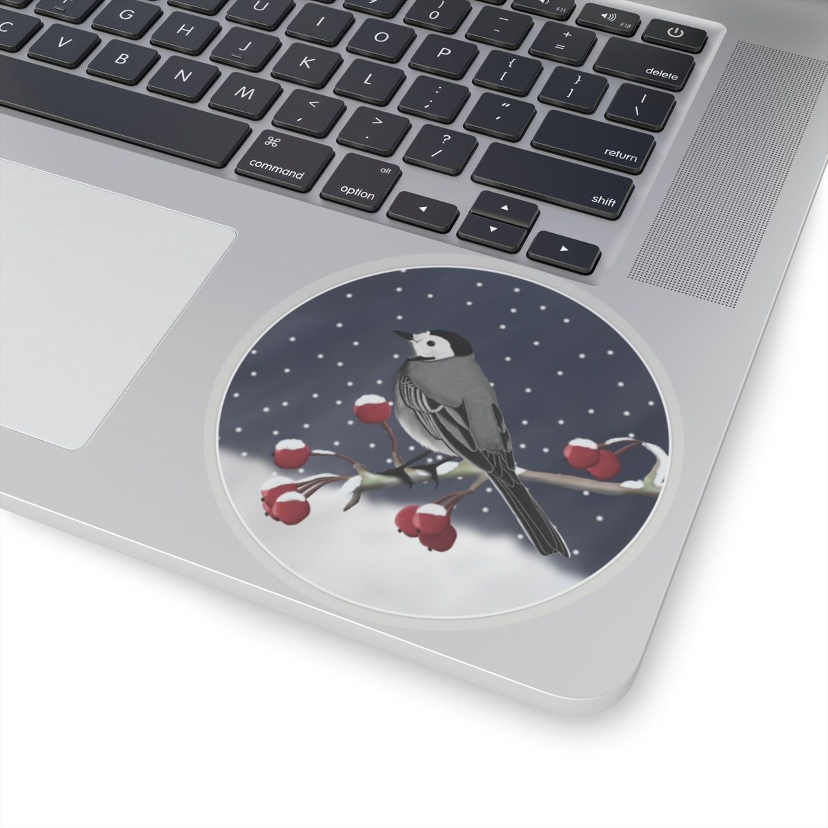 White Wagtail on a Winter Branch Christmas Bird Sticker