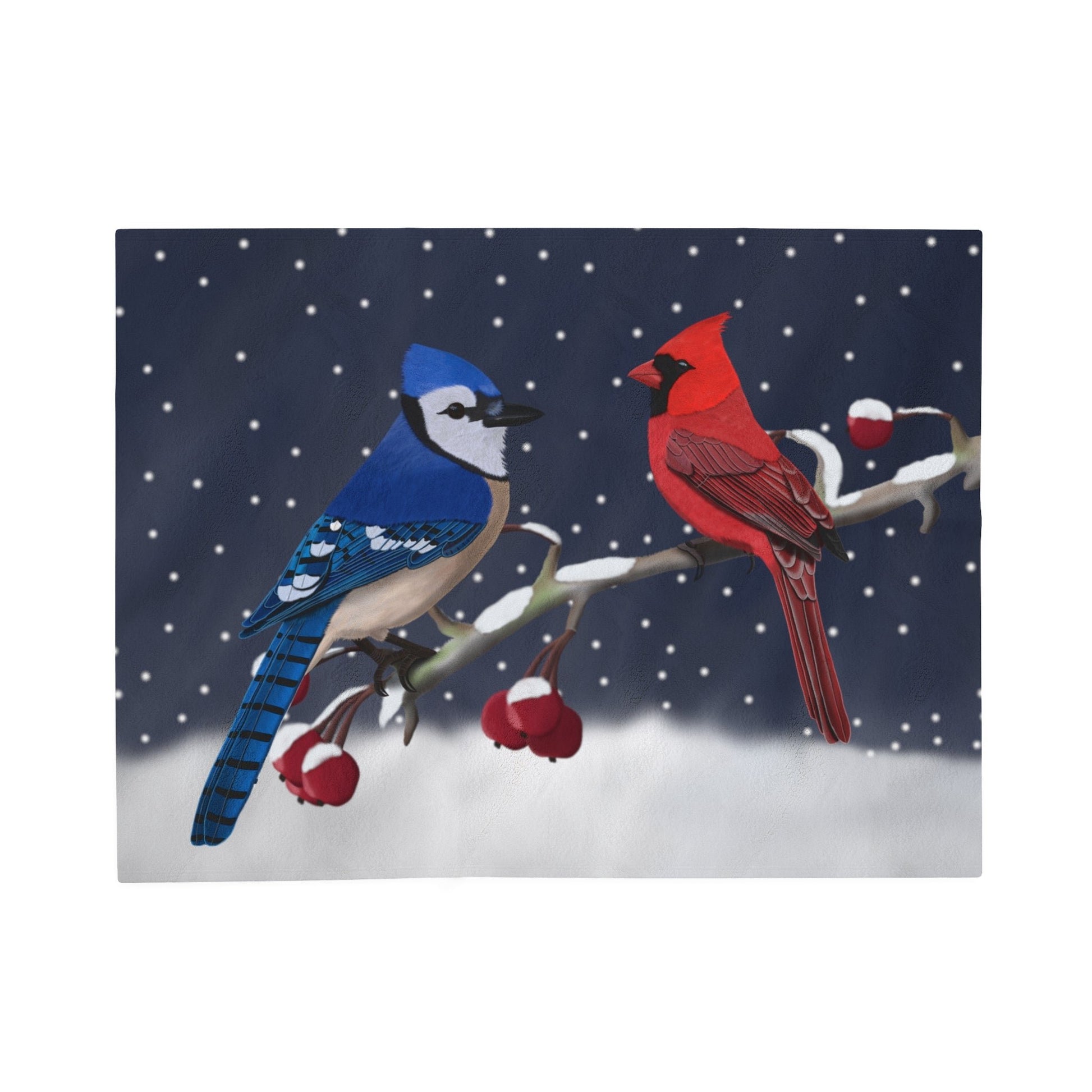 Blue Jay Cardinal Bird Christmas Winter Branch Velveteen Plush Blanket