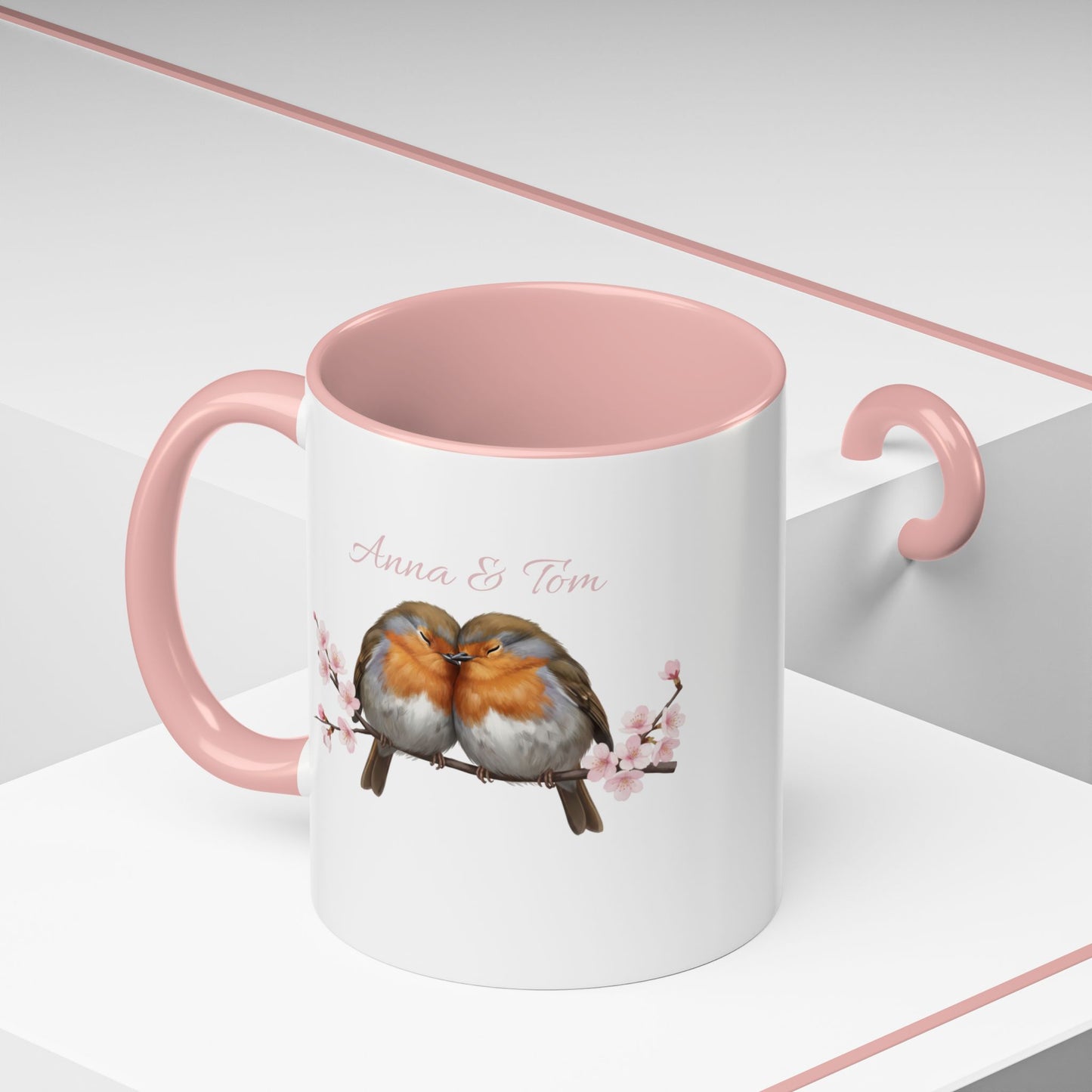 Rotkehlchen in Kirschblüten Personalisierte Tasse - Romantisches Geschenk für Vogelfreunde