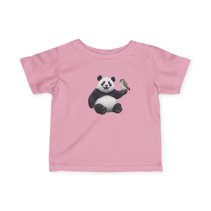 Fröhlicher Panda mit Eule Vogel Tiermotiv T-Shirt für Babys und Kleinkinder