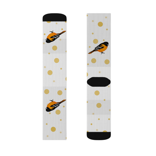 Baltimore Oriole Bird Art Socks White and Golden Dots