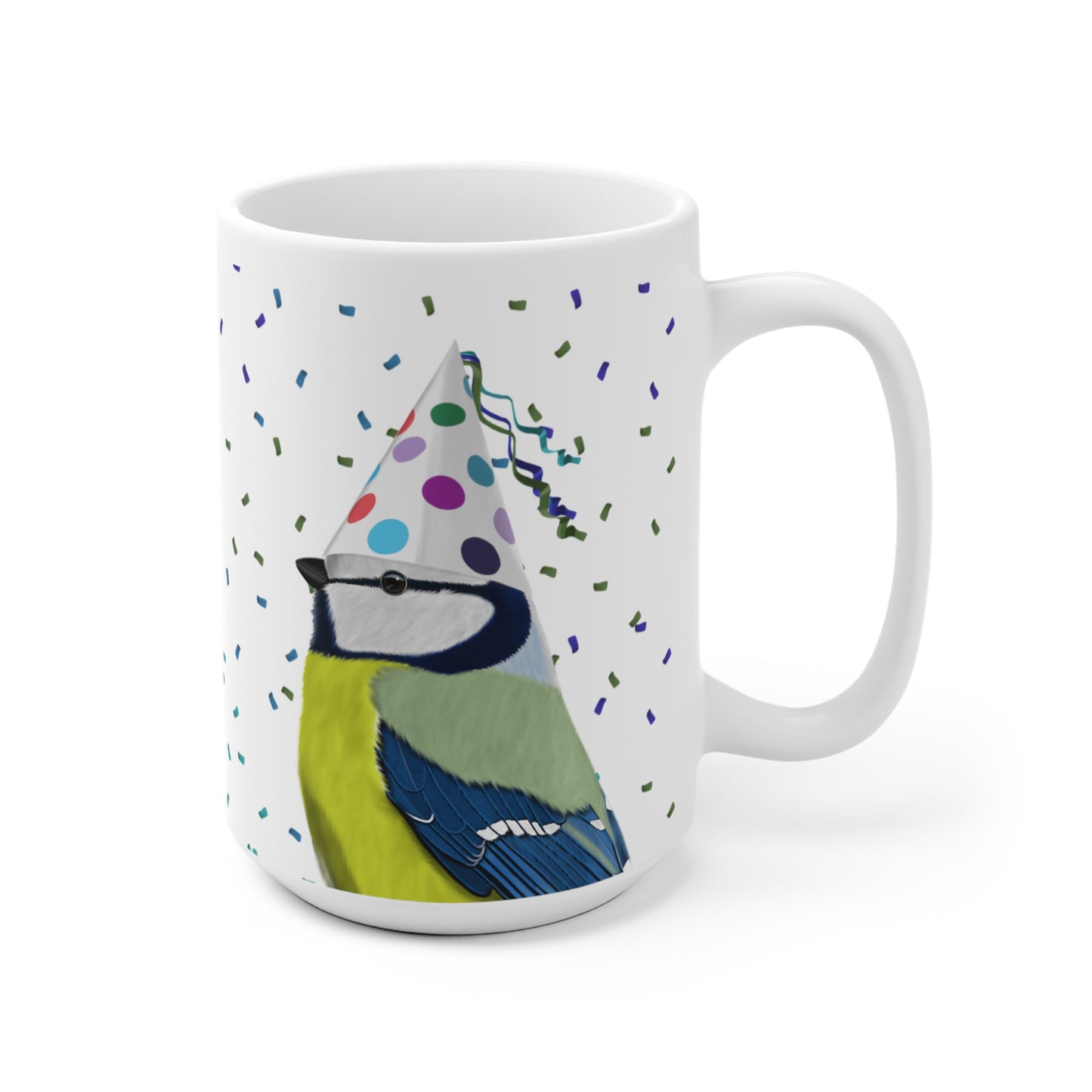 Blaumeise feiert Geburtstag mit Partyhut und Konfetti Vogel Tasse