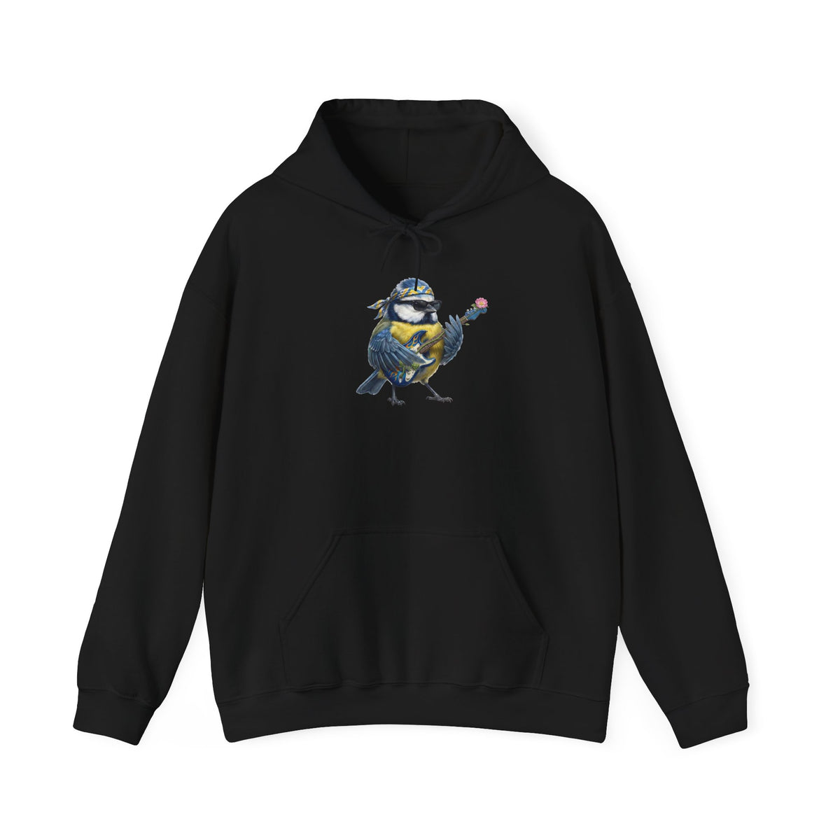 Schwarzer Blaumeise Hoodie für Damen und Herren mit gemaltem Vogel-Motiv mit Bass-Gitarre (Bert Blaumeise) – Musik Kapuzenpullover