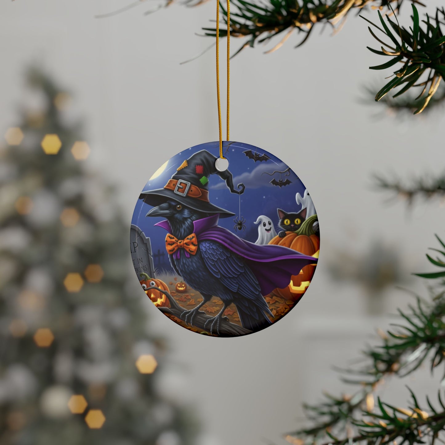 Raven Crow Bird Halloween Tree Ornament, 100% Ceramic Cute Hanging Decoration