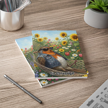 Rocky Rotkehlchen in der Hängematte - Premium Notizbuch A5 mit Vogelmotiv | Die Gartenvögel