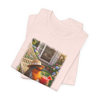 T-Shirt mit Rosi Rotkehlchen Motiv in der Hängematte für Vogelfreunde