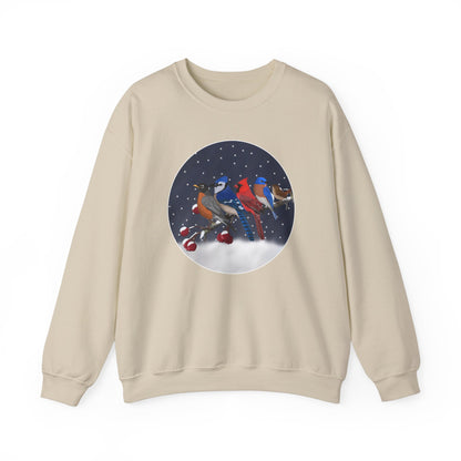 Blue Jay Robin Cardinal Bluebird Wren on a Winter Branch Christmas Bird Sweatshirt