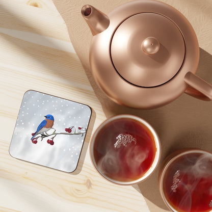 Bluebird on a Winter Branch Christmas Bird Hardboard Coaster