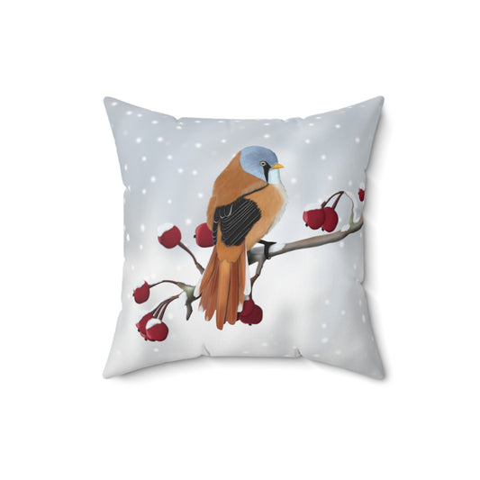 Bearded Reedling on a Winter Branch Christmas Bird Throw Pillow 16"x16"