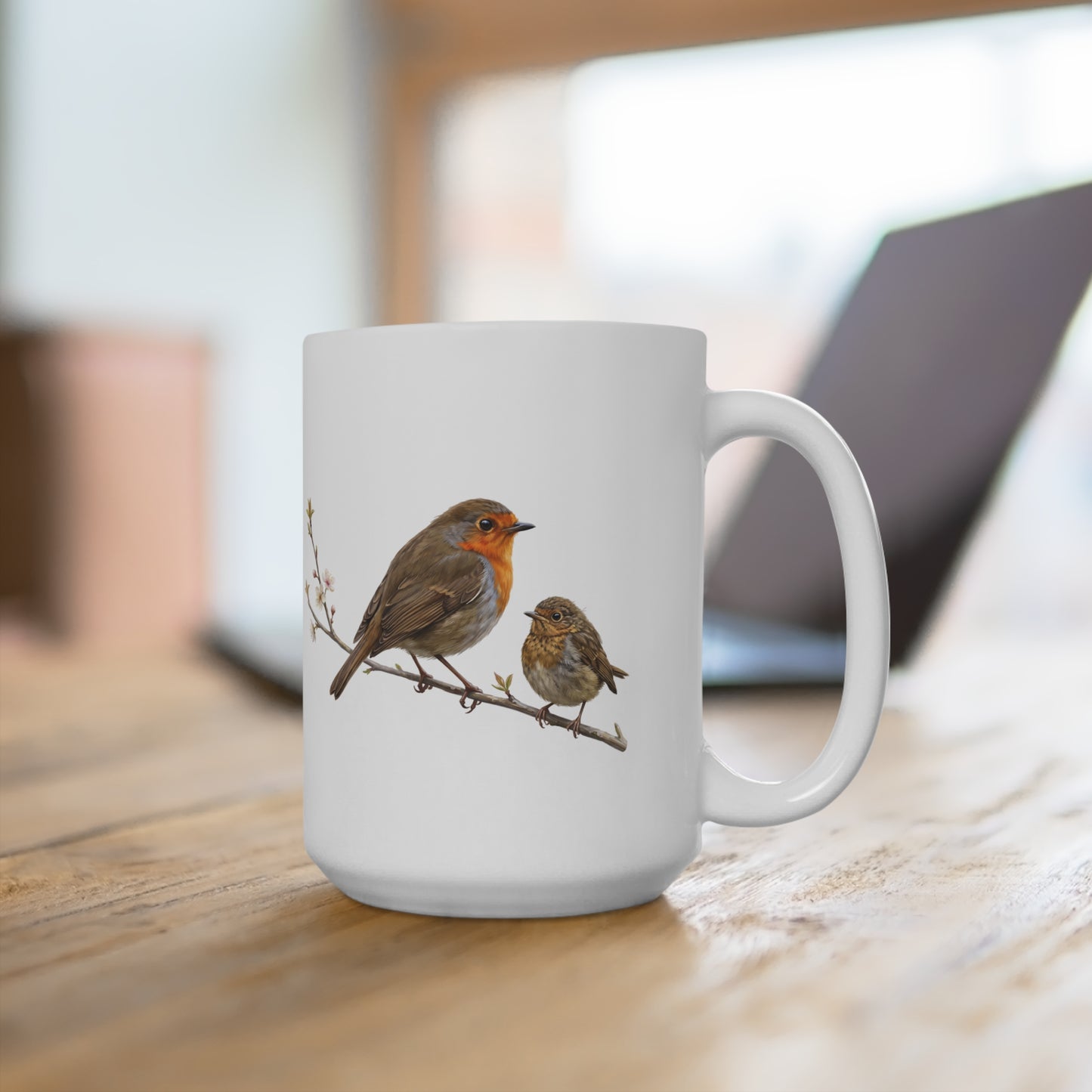 Rotkehlchen mit Ästling Premium Keramiktasse | Geschenk für Vogelbeobachter