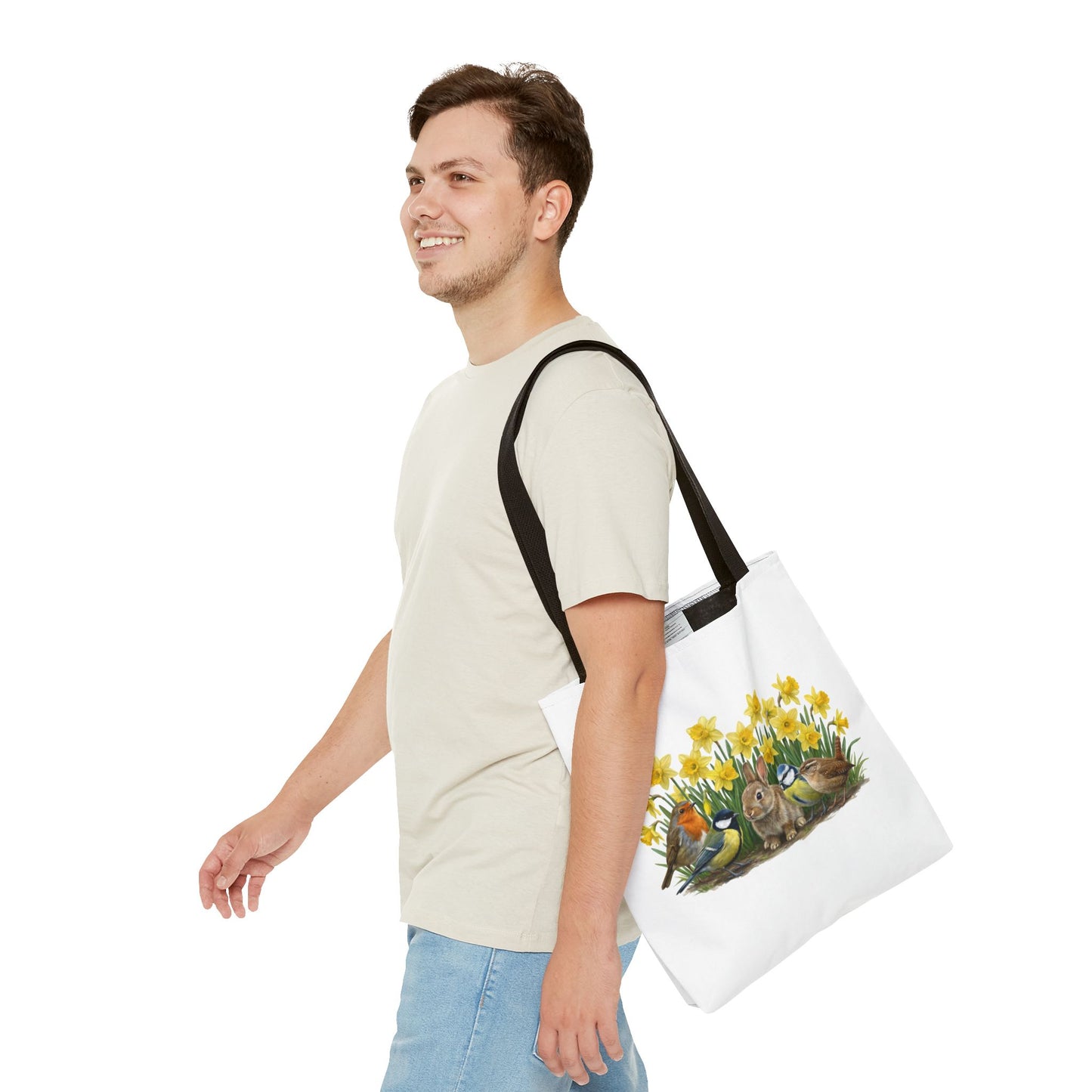 Robuste Einkaufstasche "Frühling": Kaninchen, Rotkehlchen & Meisen Motiv | 40x40cm Shopper