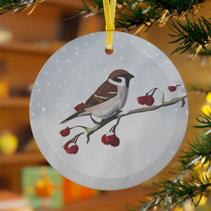 Tree Sparrow Snow Bird Christmas Glass Ornament White