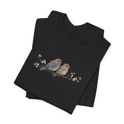 Eastern Bluebird Fledgling T-Shirt | Spring Blossoms Unisex Graphic Tee for Bird Watchers