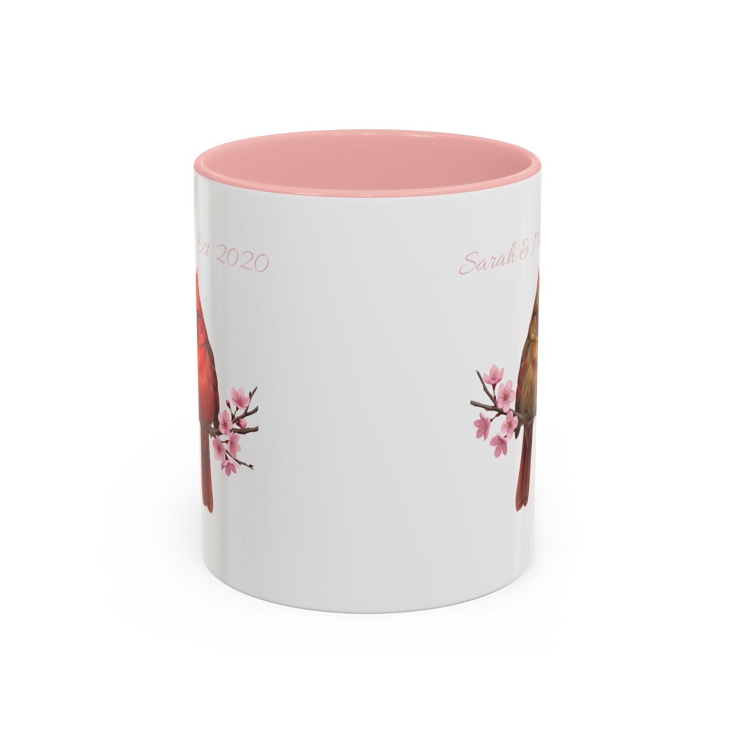 Personalized Cardinal Couple Mug – Cherry Blossom Design with Custom Names (Pink Accent)