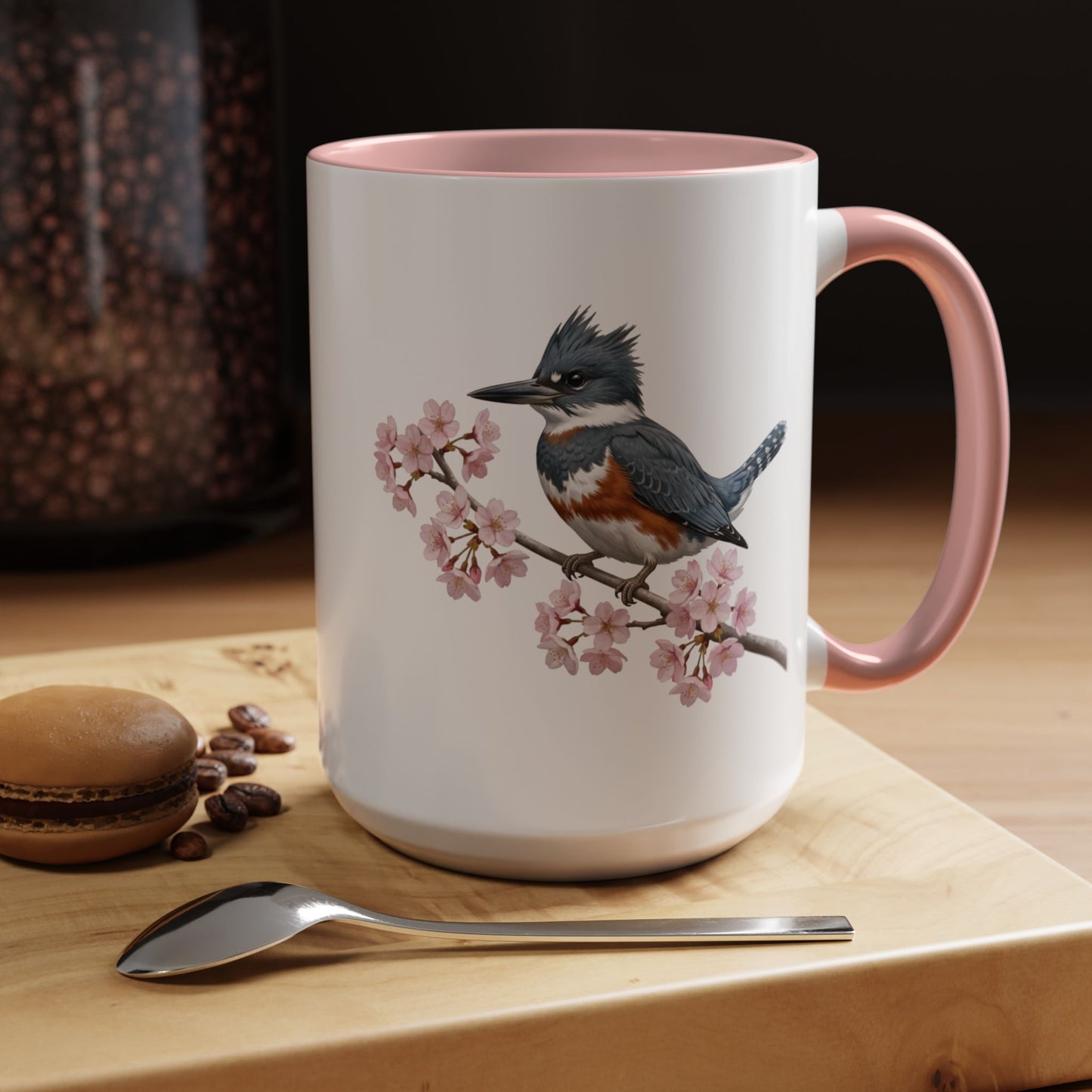 Belted Kingfisher Cherry Blossom Mug | Pink Ceramic Coffee Cup for Bird Lovers