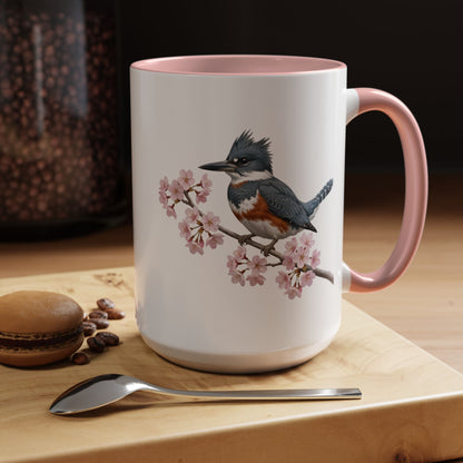 Belted Kingfisher Cherry Blossom Mug | Pink Ceramic Coffee Cup for Bird Lovers