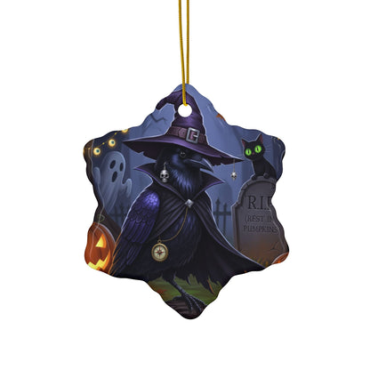 Black Crow Ceramic Bird Halloween Ornament | Double-Sided Spooky Decor