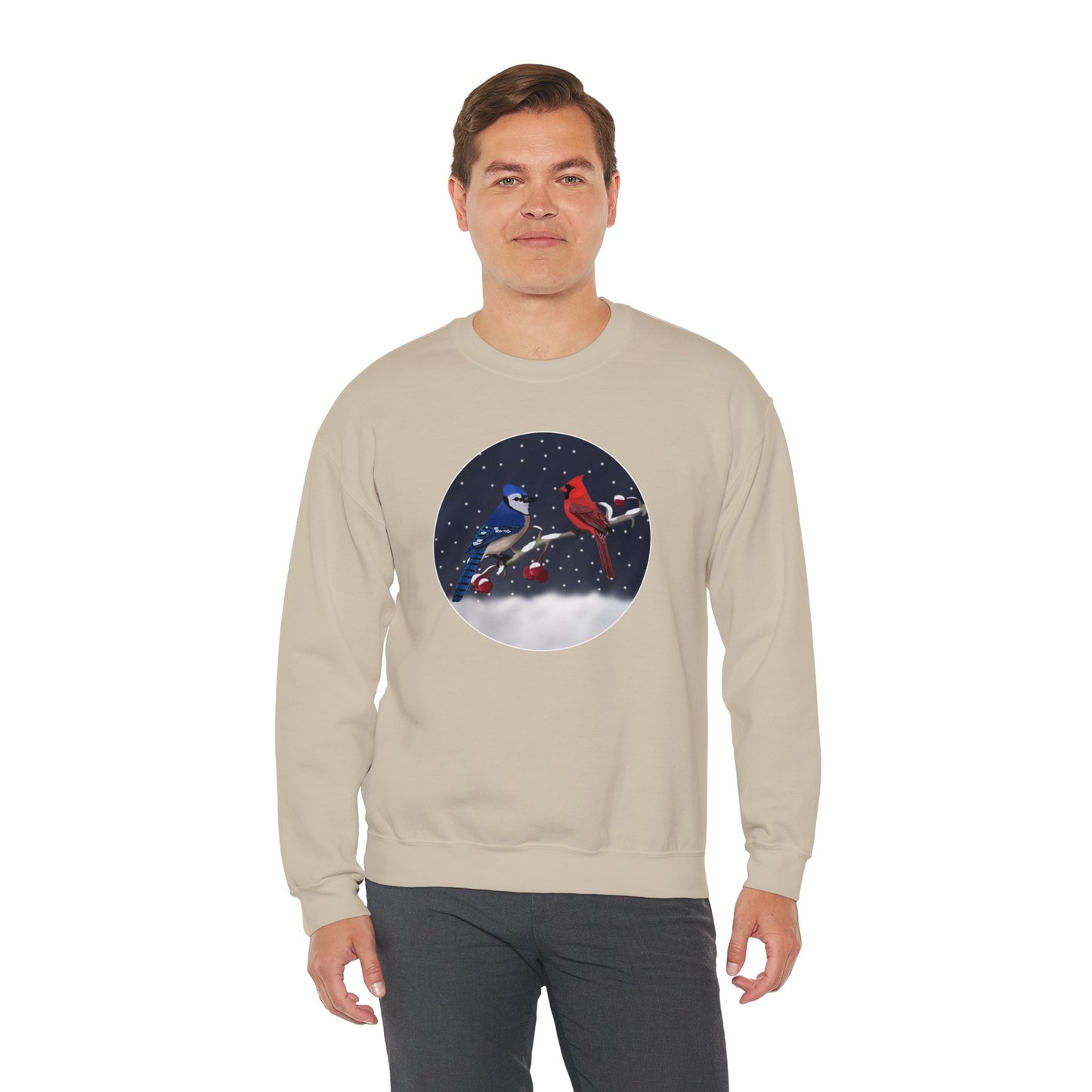 Blue Jay and Cardinal on a Winter Branch Christmas Bird Sweatshirt