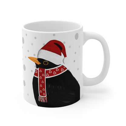 Blackbird with Red Santa Hat and Scarf Christmas Bird Ceramic Mug 11oz