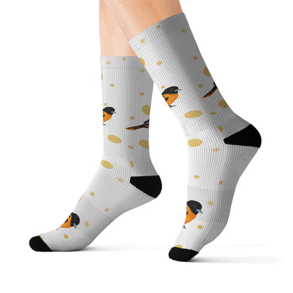 Baltimore Oriole Bird Art Socks White and Golden Dots